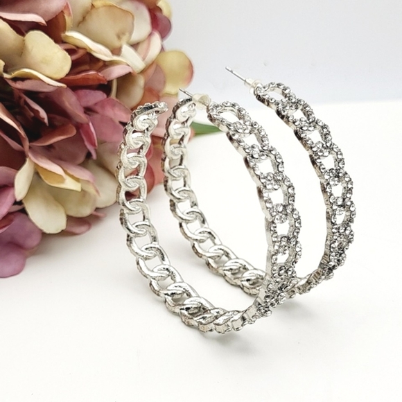 NWT nOir Jewelry large silver plated hoops inlaid rhinestones post earrings $128 - Picture 9 of 14